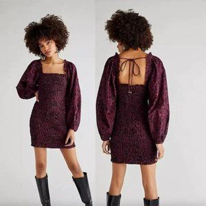 Free People Smock It To Me Puff Sleeves Mini Dress Hazelnut Combo